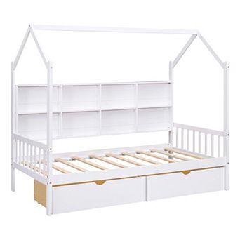 Merax Wooden Twin Size House Bed with 2 Drawers,Kids Bed with Storage Shelf