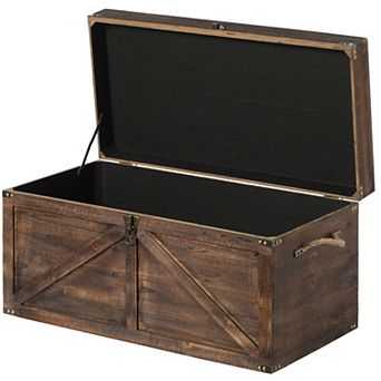 Brown Large Wooden Lockable Trunk Farmhouse Style Rustic Design Lined Storage Chest with Rope Handle