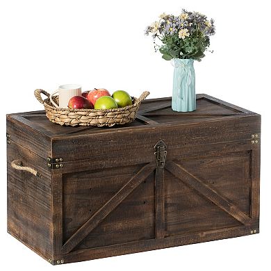 Brown Large Wooden Lockable Trunk Farmhouse Style Rustic Design Lined Storage Chest with Rope Handle
