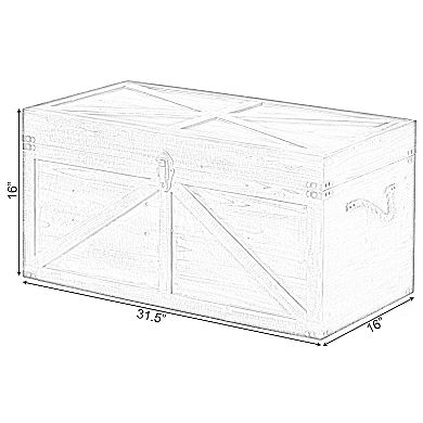 Brown Large Wooden Lockable Trunk Farmhouse Style Rustic Design Lined Storage Chest with Rope Handle