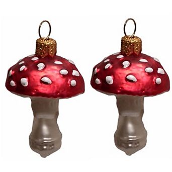 Pinnacle Peak Trading Red Toadstool Mushrooms Polish Glass Christmas Ornament Set Of 2 Decorations