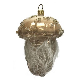 Pinnacle Peak Trading Brown Beaded Jellyfish With Feather Tentacles Polish Glass Christmas Ornament