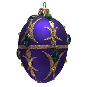 Pinnacle Peak Trading Purple Egg With Green Gold Jewels Polish Glass Christmas Ornament Mardi Gras