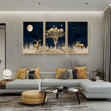 Full House 3 Panels Framed Canvas Wall Artoil Golden Night With Gold Deers, Trees And Birds Painting