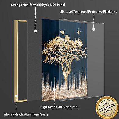 Full House 3 Panels Framed Canvas Wall Artoil Golden Night With Gold Deers, Trees And Birds Painting