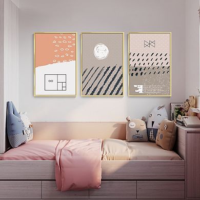 Full House 3 Panels Framed Canvas Wall Artoil Geometric Art Set Paintings For Bedroom Office