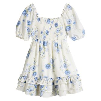 Girls 7-16 Poppies & Roses Floral Smocked Ruffle Dress