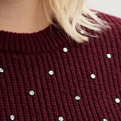 Plus Size Nine West Rhinstone Detailed Crewneck Sweater