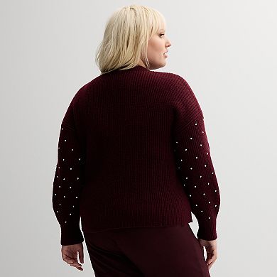 Plus Size Nine West Rhinstone Detailed Crewneck Sweater