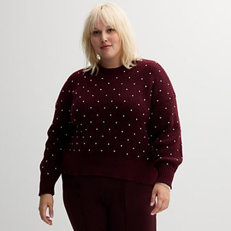 Plus Size Nine West Rhinstone Detailed Crewneck Sweater