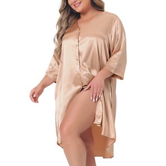Plus Size Nightshirt For Women Satin Button Down 3/4 Sleeve With Pockets Nightgown