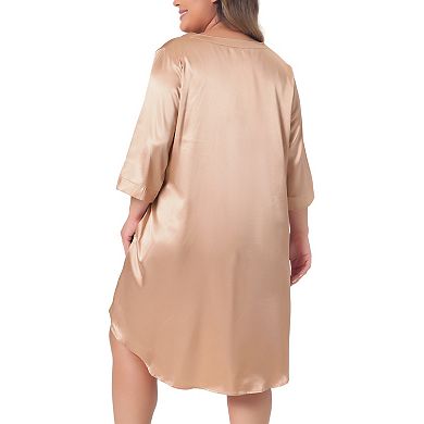 Plus Size Nightshirt For Women Satin Button Down 3/4 Sleeve With Pockets Nightgown
