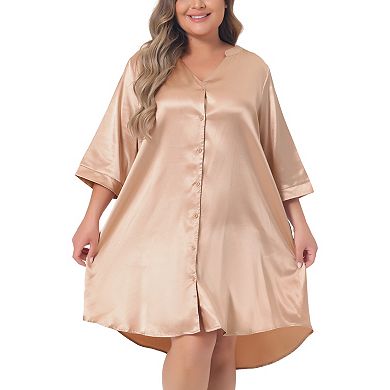 Plus Size Nightshirt For Women Satin Button Down 3/4 Sleeve With Pockets Nightgown