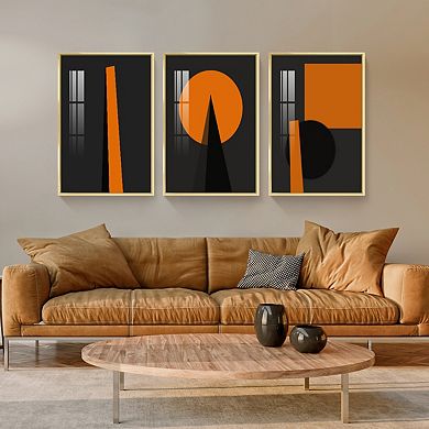 Full House 3 Panels Framed Canvas Wall Artoil Paintings Orange And Black Art For Bedroom Office