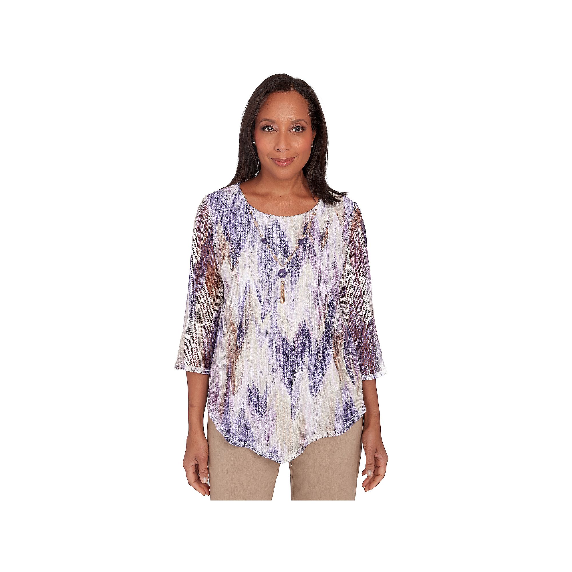 Womens Alfred Dunner Chevron Space Dye Popcorn Knit Top with Necklace, Siz