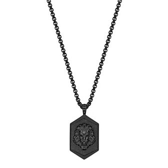 Men's LYNX Stainless Steel Black Ion-Plated Lion Dog Tag Pendant Necklace