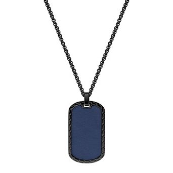 Men's LYNX Stainless Steel Blue Leather Dog Tag Pendant Necklace