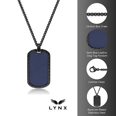 Men's LYNX Stainless Steel Blue Leather Dog Tag Pendant Necklace