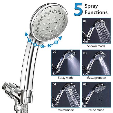 Silver, Stainless High-pressure Handheld Shower Head With 5 Spray Settings