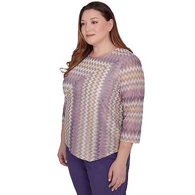 Plus Size Alfred Dunner Sparkly Zig Zag Stripe 3/4-Sleeve Top