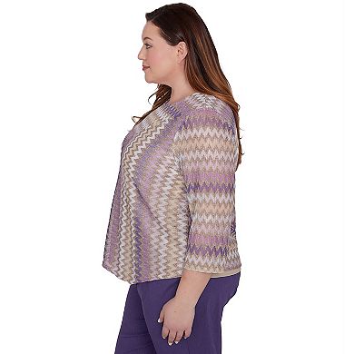 Plus Size Alfred Dunner Sparkly Zig Zag Stripe 3/4-Sleeve Top