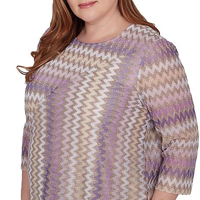 Plus Size Alfred Dunner Sparkly Zig Zag Stripe 3/4-Sleeve Top