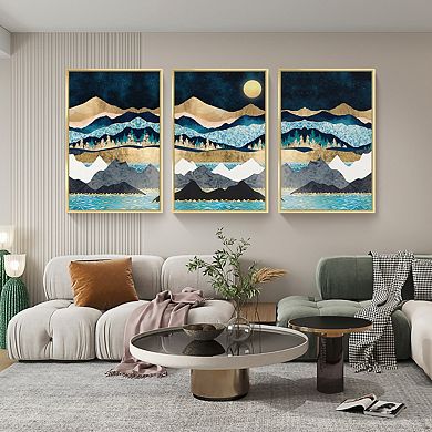 Full House 3 Panels Framed Canvas Wall Artoil Paintings Abstract Night Mountain Nature For Décor