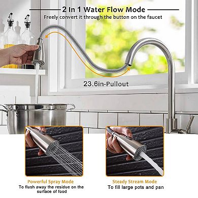 Silver, Single Handle Kitchen Sink Faucet With Stainless Steel Pulldown Head