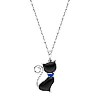 Gemminded Sterling Silver Onyx Cat Pendant Necklace