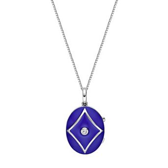 Gemminded Sterling Silver Lab-Created White Sapphire Enamel Locket Pendant Necklace
