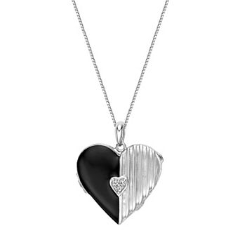 Gemminded Sterling Silver Lab-Created White Sapphire Enamel Heart Locket Pendant Necklace
