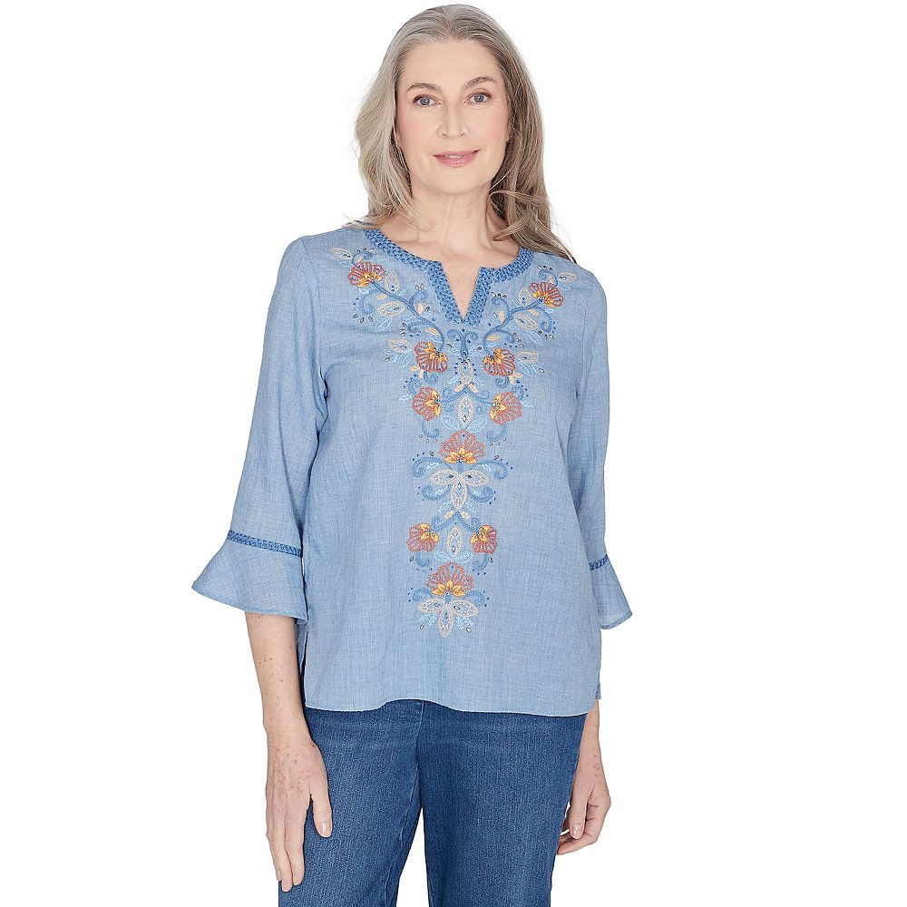Alfred Dunner Pinstripe Embroidered Sleeve Top with Necklace - Plus main image 0