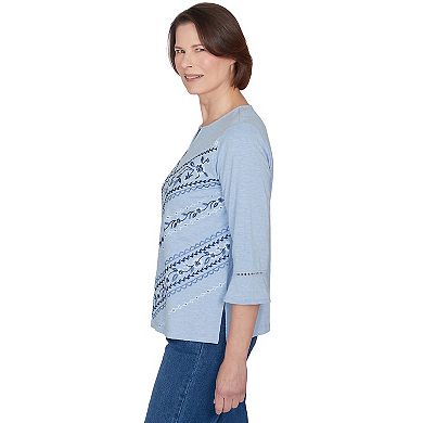 Alfred Dunner Floral Border Embroidered Split Neck Top