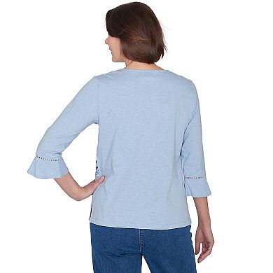 Alfred Dunner Floral Border Embroidered Split Neck Top- Petite