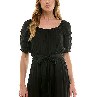 Women's Luxology Pleated Sleeve Belted Midi Dress