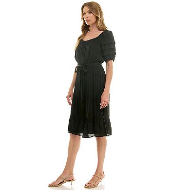 Women's Luxology Pleated Sleeve Belted Midi Dress