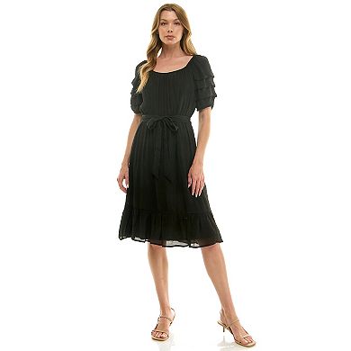 Women's Luxology Pleated Sleeve Belted Midi Dress