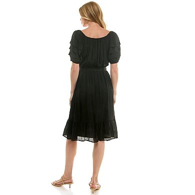 Women's Luxology Pleated Sleeve Belted Midi Dress