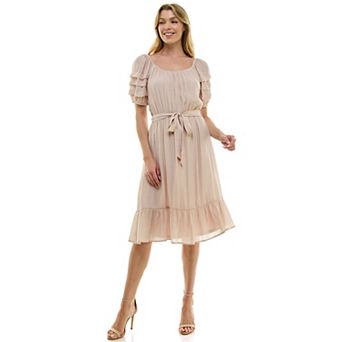 Women's Luxology Pleated Sleeve Belted Midi Dress