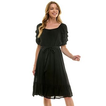 Women's Luxology Pleated Sleeve Belted Midi Dress