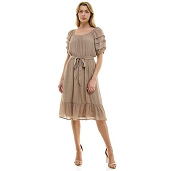 Women's Luxology Pleated Sleeve Belted Midi Dress