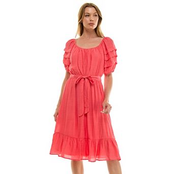 Women's Luxology Pleated Sleeve Belted Midi Dress