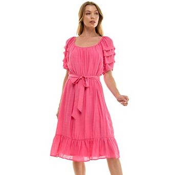 Women's Luxology Pleated Sleeve Belted Midi Dress