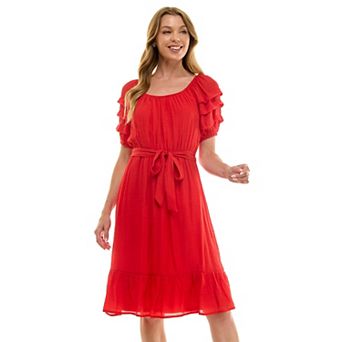 Women's Luxology Pleated Sleeve Belted Midi Dress