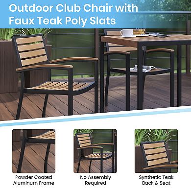 Merrick Lane Hampstead 7 Piece Faux Teak Patio Dining Set - Table, 4 Chairs, 9' Umbrella and Base