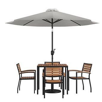 Merrick Lane Hampstead 7 pc Faux Teak Patio Dining Set - Table, 4 Chairs, 9' Umbrella and Base