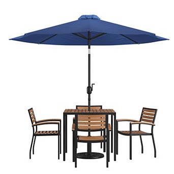 Merrick Lane Hampstead 7 pc Faux Teak Patio Dining Set - Table, 4 Chairs, 9' Umbrella and Base