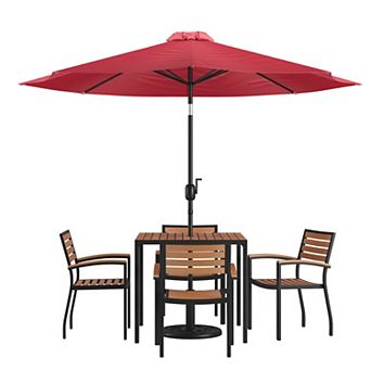 Merrick Lane Hampstead 7 pc Faux Teak Patio Dining Set - Table, 4 Chairs, 9' Umbrella and Base