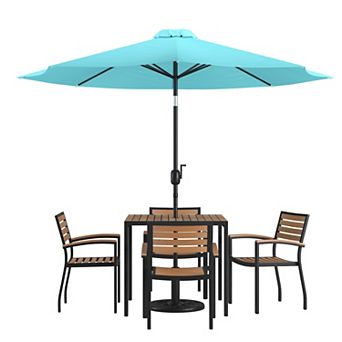 Merrick Lane Hampstead 7 pc Faux Teak Patio Dining Set - Table, 4 Chairs, 9' Umbrella and Base