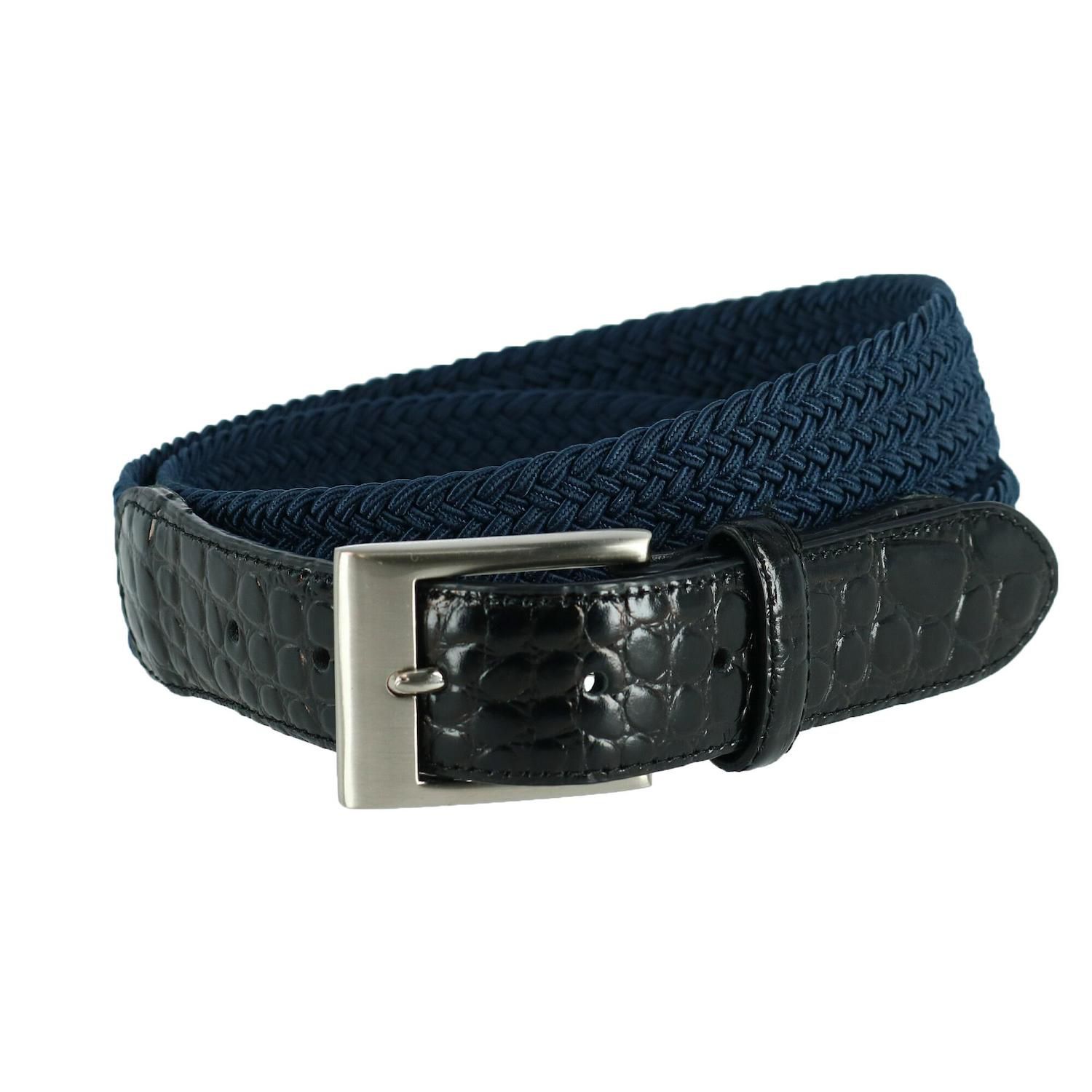 CTM Men's Elastic Stretch Belt 3-Pack | 1-3/8 Inch Wide, Black, Khaki, Navy | Braided Fabric, D-Ring Buckle